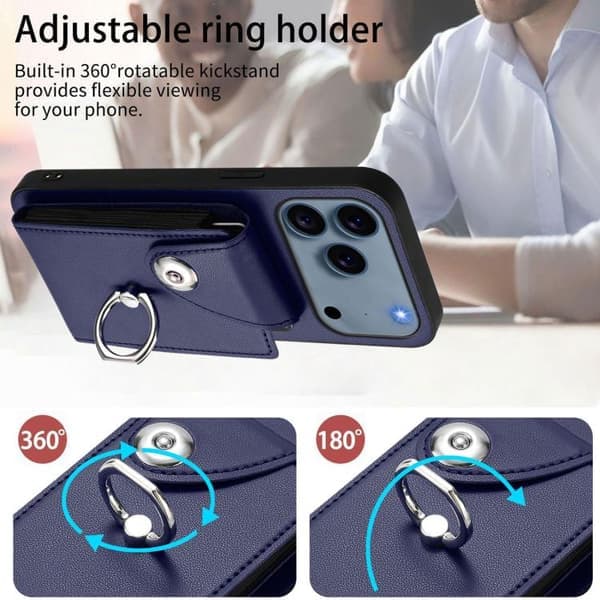 iPhone 17 Pro Cover med Kortplads og Ringholder - PU med Snor Blå Blå