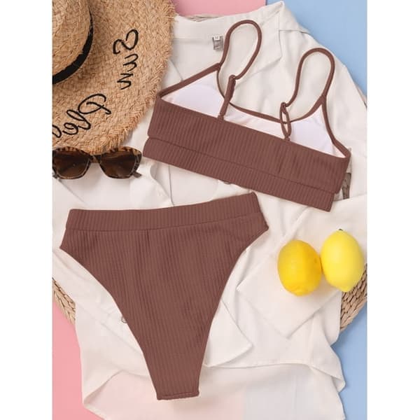 Ribbad Cami Bikini Set med Hög Midja för Kvinnor Kaffe M-US8 Brun M Brown M