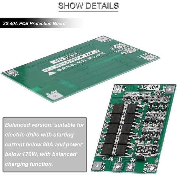 Fyra 3S 40A PCB-skyddskort för 18650 litiumbatterier; Litiumjonladdare BMS PCB (11.1V, 12V, 12.6V).
