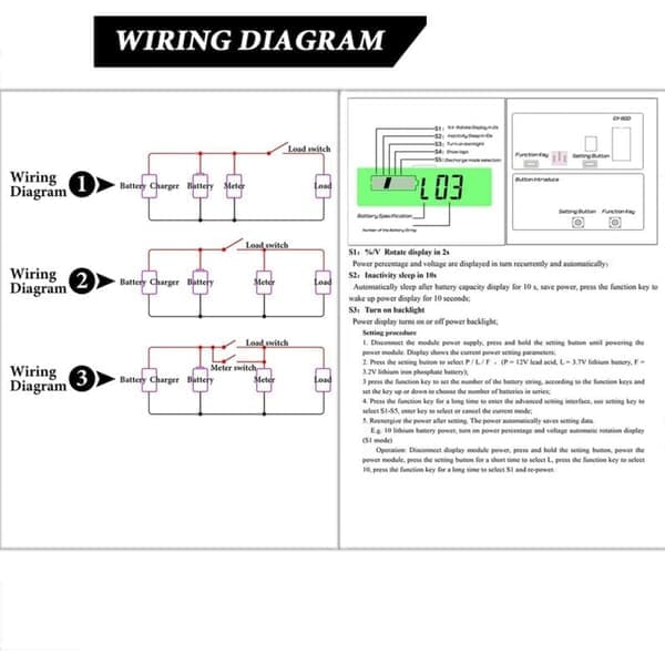DC Batterimåler med Alarm | 12V-72V Voltmeter til Bly-syre/Li-ion Batterier, Bil/EV Batterimonitor, Grøn LED Display