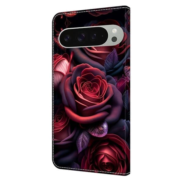 Google Pixel 9 Pro XL Plånboksfodral Mönstrat Tryck Stativ Läder Flip Telefonfodral - Svart Rosröd