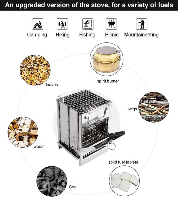 Vedovn for camping, sammenleggbar grill i rustfritt stål