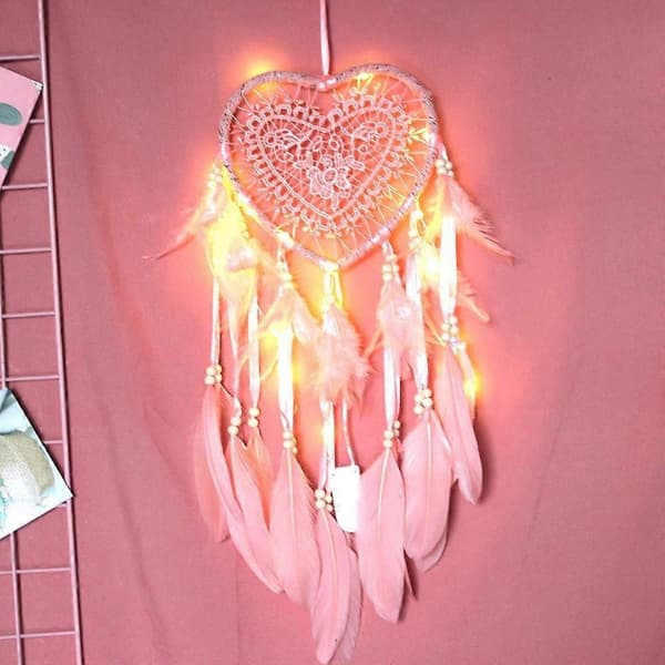 Drømmefanger, Boho-stil LED-lys håndlavet til bil soveværelse dekoration, Drømmefanger vægophæng romantisk indretning (lyserød, lys)