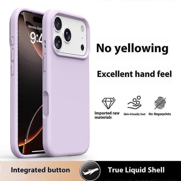 iPhone 17 Pro Max Fodral Mjukt Mikrofiberfoder, Flytande Silikon + PC-skydd Bönlila Bean Purple
