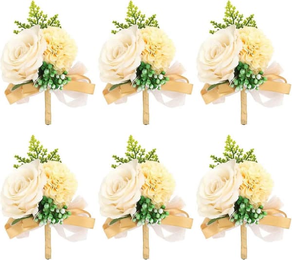 6 stk. knapphullsblomster til menn bryllup med nåler til brudgom og forlover, roseknapphullsblomster