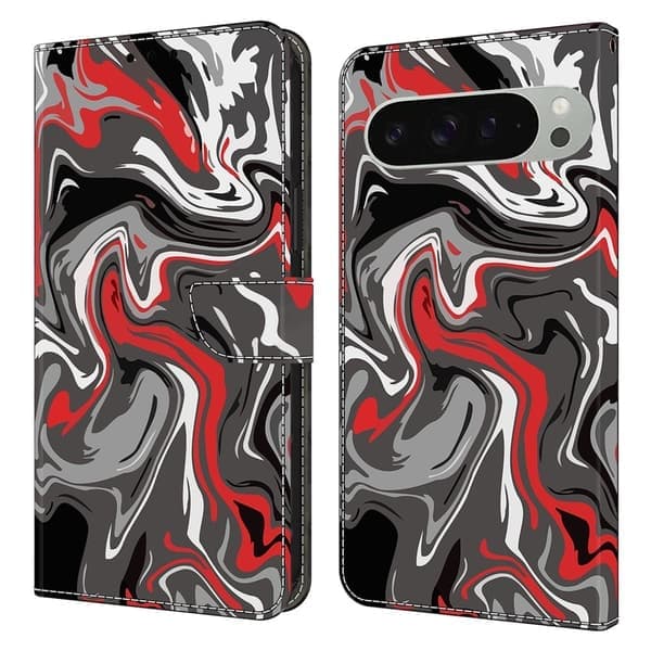 Google Pixel 9 Pro XL Plånboksfodral Mönstrat Tryck Stativ Läder Flip Telefonfodral - Stenstruktur Röd
