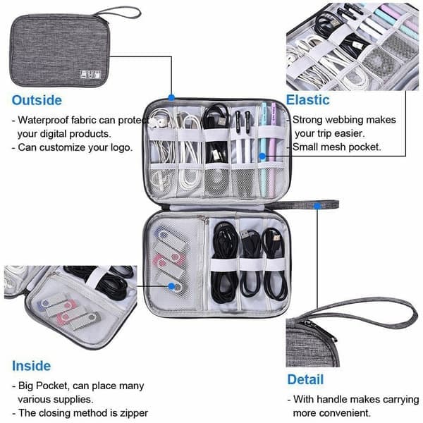 Rejsekabeltaske Organizer Oplader Opbevaring Elektronik USB Etui Grå