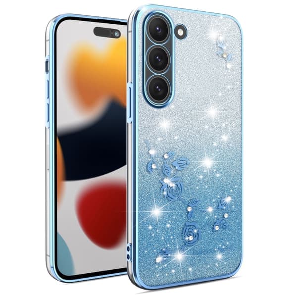 Samsung Galaxy S23 5G-deksel med glitrende blomster i gradient, alt-i-ett blått Blå
