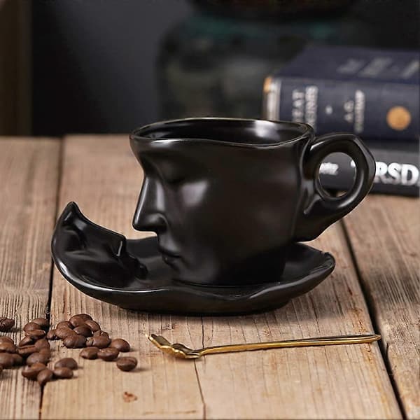 Keramisk ansigtskaffekrus sæt, Cappuccino Latte kop og underkop, Kreativt tekopper og underkopper sæt