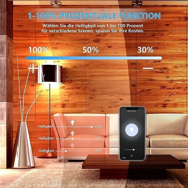 Dimmerbryter, WiFi lysdimmer med prosentfunksjon og timerfunksjon, WLAN stemmestyring appstyring innfelt belysningsdimmer