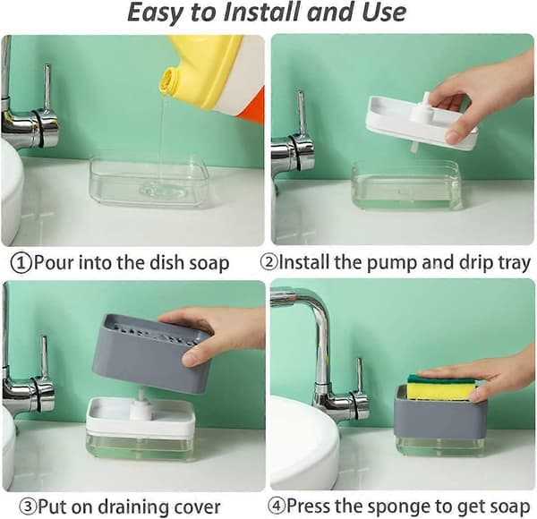 Tvålpump och svamphållare, uppgraderad diskmedelspump 2-i-1 dräneringsdesign