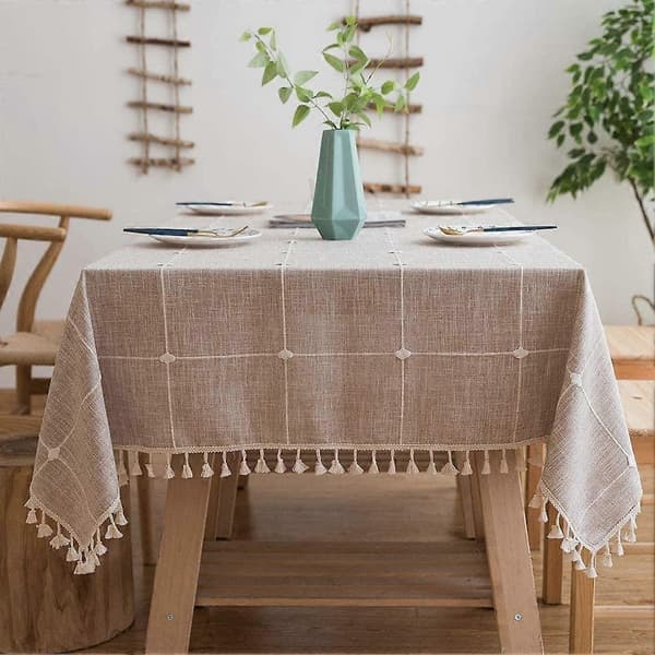 Vanntett duk broderi burlap lin med dusk - Kraftig rynkefri rektangulær duk 55x86 lys brun