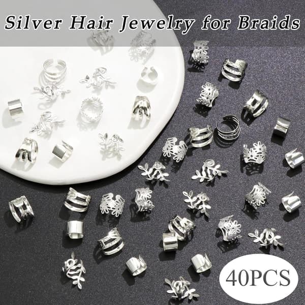 40-dels sølv hår smykkesett: Hårringer i flere stiler, metall loc og dreadlock tilbehør, ikke-piercing øreklips for kvinner sølv Silver