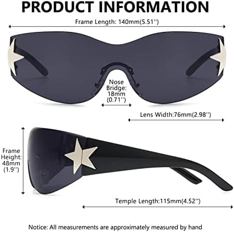 Kantløse Y2K solbriller til kvinder mænd omsluttende modesolbriller overdimensionerede kantløse trendy solbriller sort stel / sorte linser black frame / black lens