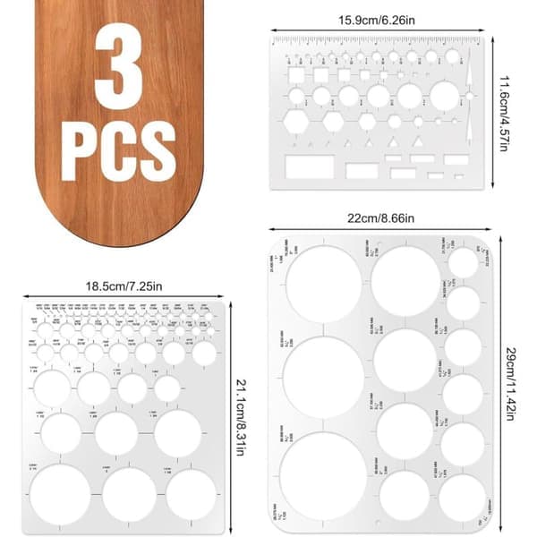 3-delad cirkelmallinjal, cirkelnormograf, mätmallar i plast, geometrisk ritmall, cirkelplotter för ritning, mätning