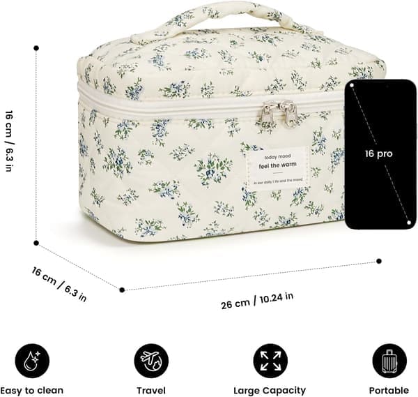 Rejsetoiletartikler til kvinder, kosmetiktasker i bomuld, opbevaringstasker Blå græskar blomstermønster Blue gourd floral pattern