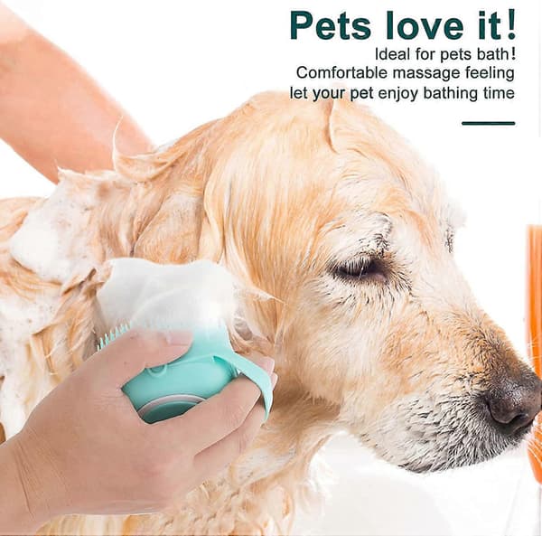 Hundebadebørste, kæledyrsmassagebørste shampoo-dispenser, bløde silikonebørster gummibørster, (blå)