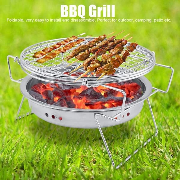 BBQ-grill, minigrill i rustfritt stål, sammenleggbar bærbar rund for utendørs camping og uteplass