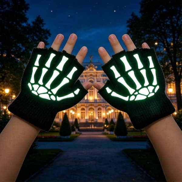 Børns selvlysende handsker med skelet hænder og kranie design til Halloween