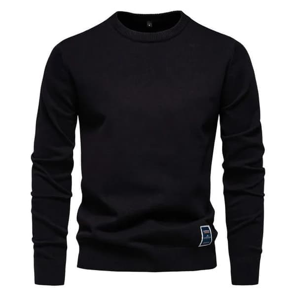 Herre bomuld crew neck langærmet ribstrikket sweater, sort