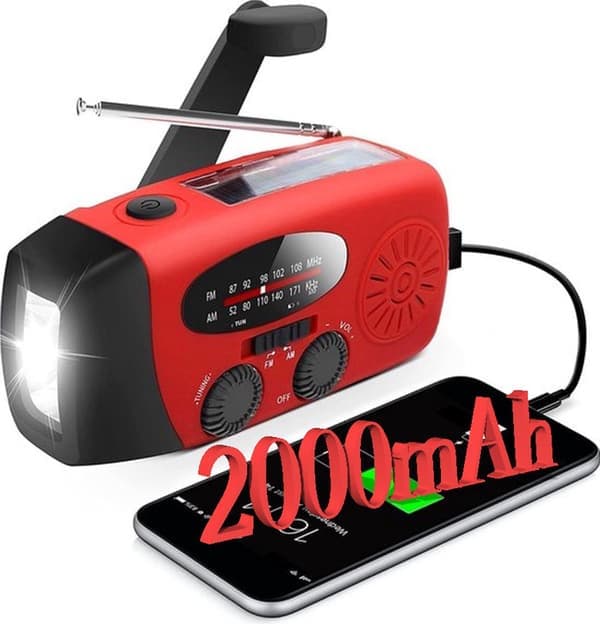 Punainen hätäradio, kampi, aurinkoenergialla toimiva AM FM -dynamoradio taskulampulla ja virtapankilla