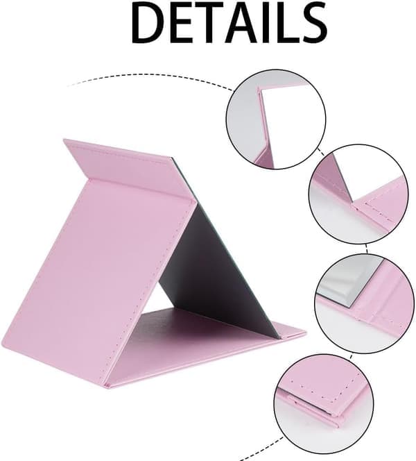 1 stk. foldbart bordstativspejl med PU-læder makeupspejl, bærbart rejsespejl, foldbart spejl med stativ bærbart, pink 20,5*15,5 cm