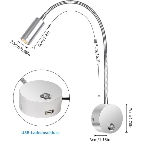 3W Berørings-dæmpbar USB Sengelampe 3000-6000K 360° Roterbar Sølv