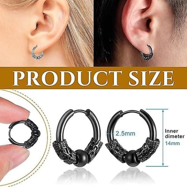 14 mm Herre Titanium Stål Hoop Øreringe Sæt - Sort & Sølv, Punk Rock Stil