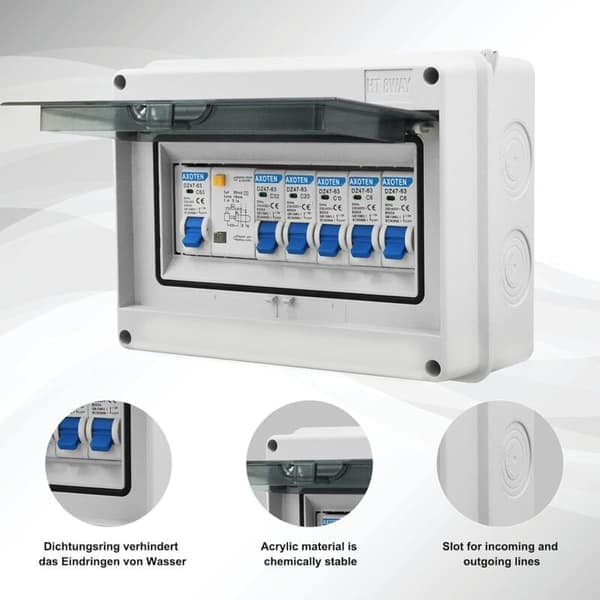 4-veis forbrukerenhet bryterpanel, jordfeilbryterboks, vanntett elektrisk panel, 63A elektriske brytere, IP65 luft