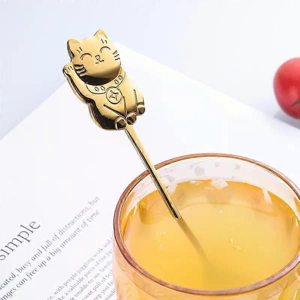 Kaffeeske i rustfrit stål Sød Lucky Cat-form Teske Dessert Snack Scoop Is Mini Skeer Cool Sort Cool Black