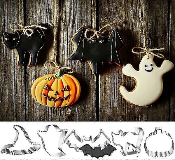 5 stk. Halloween-udstikkersæt i rustfrit stål græskar, spøgelse, heksehat, flagermus, katteforme