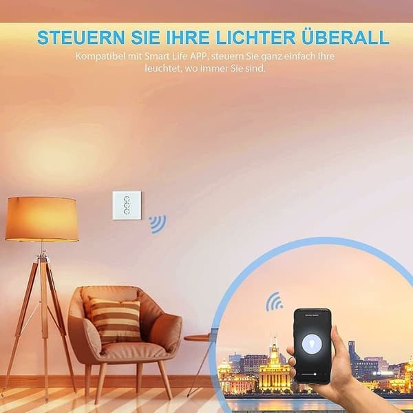 Dimmerbryter, WiFi lysdimmer med prosentfunksjon og timerfunksjon, WLAN stemmestyring appstyring innfelt belysningsdimmer