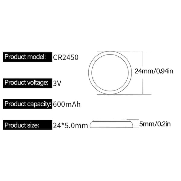 5 stk 3V litiumbatterier CR2450 knappcelle for fjernkontroll LED-lampe klokke