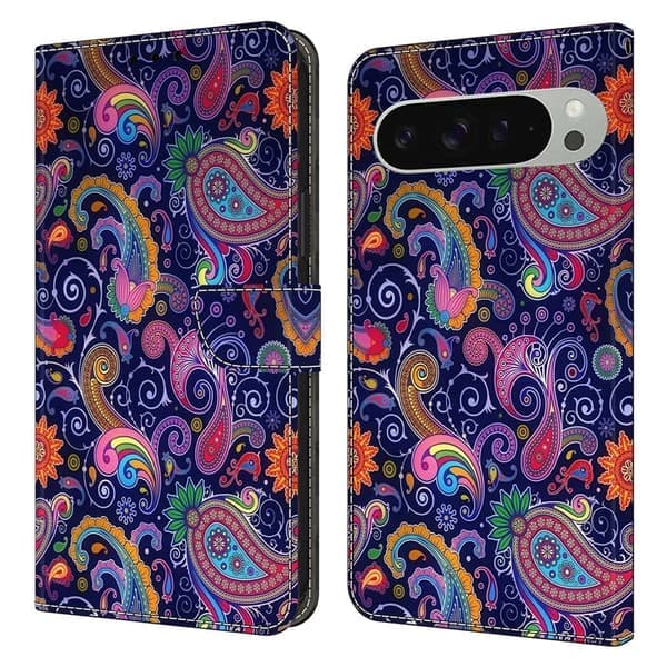 Google Pixel 9 Pro XL Plånboksfodral Mönstrat Tryck Stativ Läder Flip Telefonfodral - Etnisk Vinlila