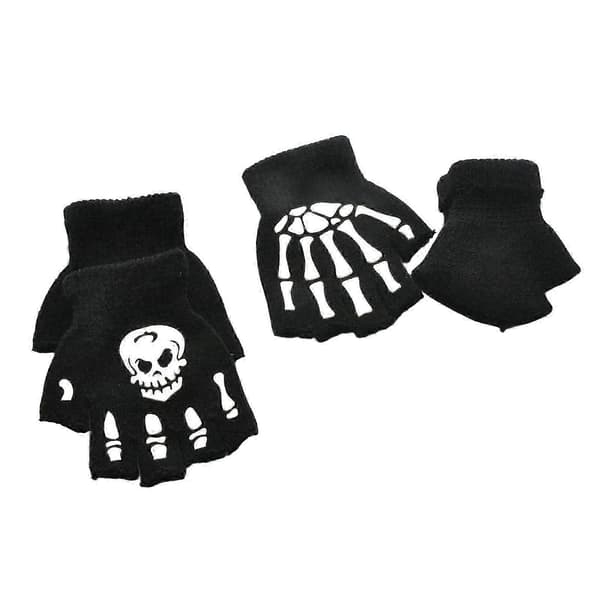 Børns selvlysende handsker med skelet hænder og kranie design til Halloween