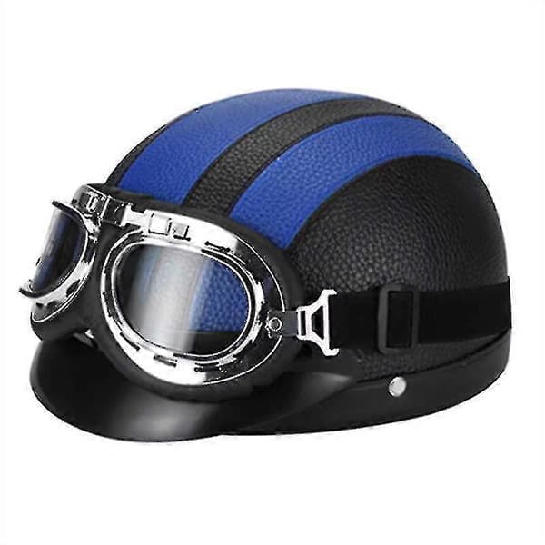 Retro Motorcykel Läder Halvhjälm Med Glasögon Blå Blue