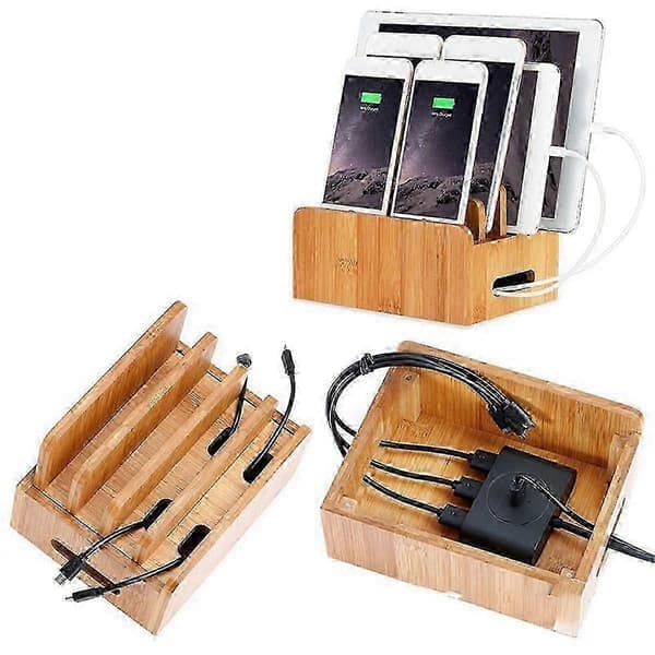 Mobiltelefon Flatfeste Bambus Tre Multi-Enhet Ladestasjon Organizer Skrivebordsfeste