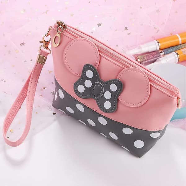 2 stk. sød makeuptaske - Rejse-makeuphåndtaske i læder med lynlås, pink og sort