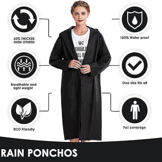 Poncho, 2 stk. sorte genanvendelige regnponchoer, regnponcho til mænd og kvinder, regnjakke med hætte til voksne, vandring, camping, regntilbehør