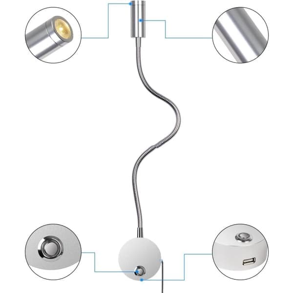 3W Berørings-dæmpbar USB Sengelampe 3000-6000K 360° Roterbar Sølv