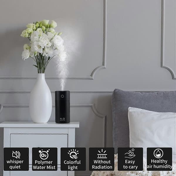 Intelligent 310 ml USB Mini Ultralyd Luftfugter med LED Natlys, Kontinuerlig Drift, Bærbar Luftfugter (Sort)