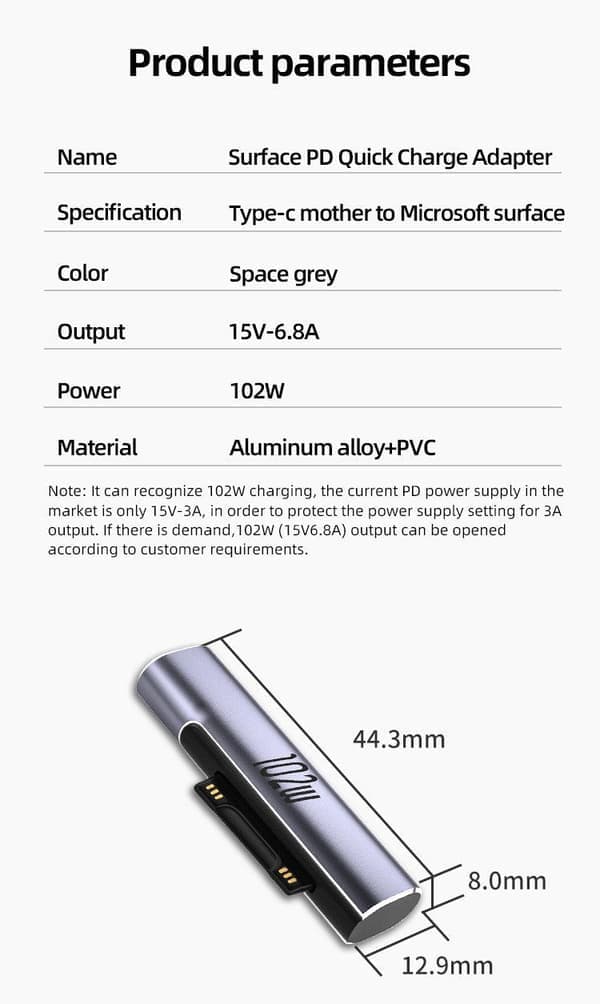 NÖRDIC USB-C ladeadapter for Microsoft Surface 15V 6.8A 102W Sølv
