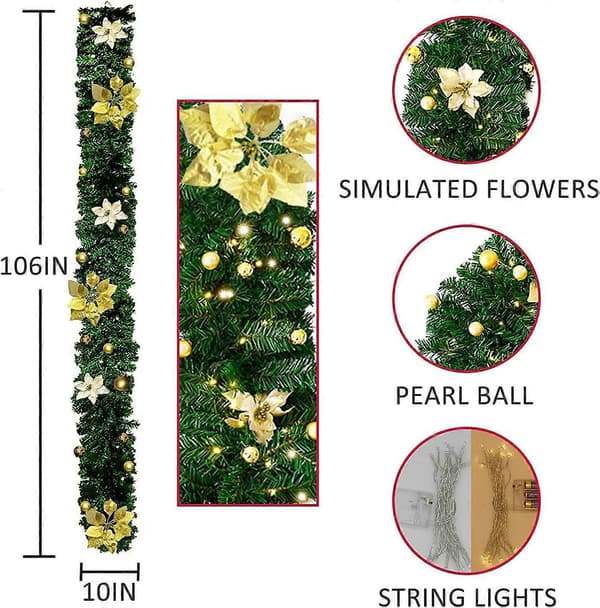 Julekrans med LED-lys, 2,7M (9ft) kunstig vinkrans til inngangsdør, (Gull)