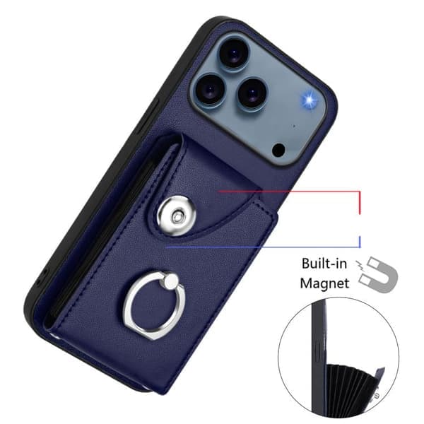 iPhone 17 Pro Cover med Kortplads og Ringholder - PU med Snor Blå Blå