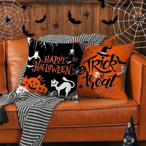 Halloween Pudebetræk Sæt 4 Stk, Gotisk Slotsdesign med Sort Kat Spøgelse Græskar Lygte Flagermus Spindelvæv, Soveværelse Sengetøj