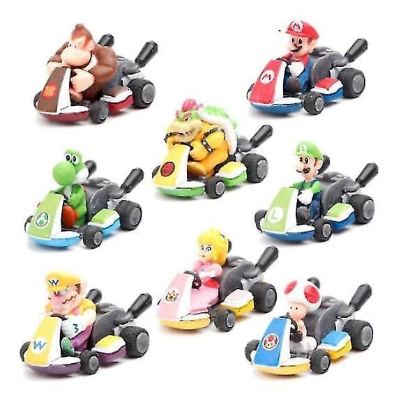 8 stk Mario Kart Pull Back Bil, Luigi, Toad, Bowser, Prinsesse Figur Leketøy for Barn