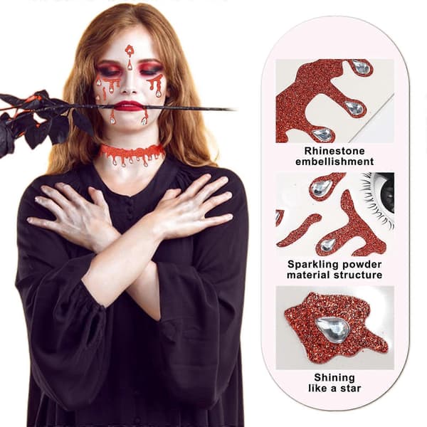 Halloween ansiktsklistremerker med rhinstein-blodflekkdesign for barn og voksne, selvklebende tatoveringer