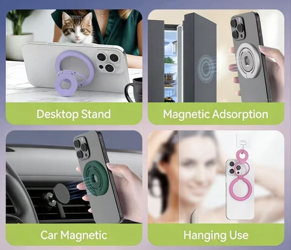 Dobbeltsidet magnetisk roterende stativ, desktop ringholder med magnetisk dobbeltring til telefon, opgraderet pasform og foldbar