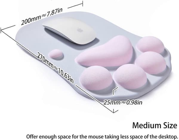 Musematte med kattepote, ergonomisk musematte, musematte med håndleddsstøtte, musematte i silikongel, søt musematte – grå og rosa