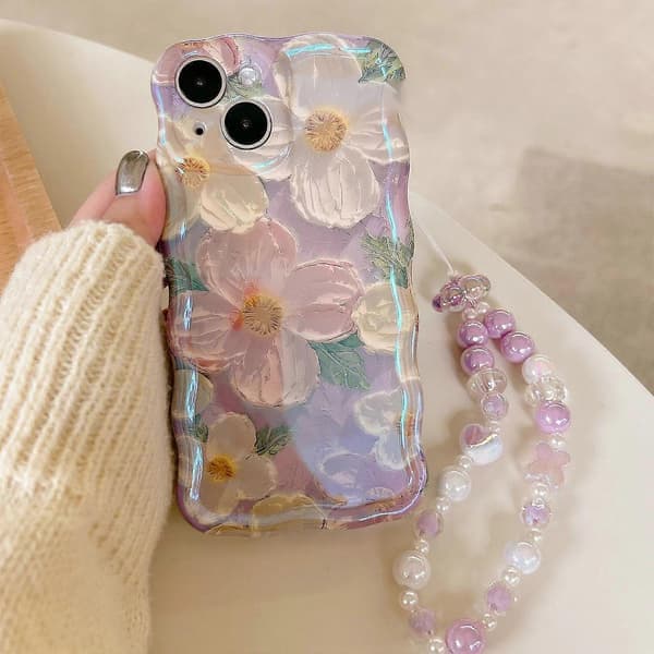 Glittery Retro Malet Blomsteretui til iPhone 15 Pro med Perlerem TPU Slank Beskyttende Skal